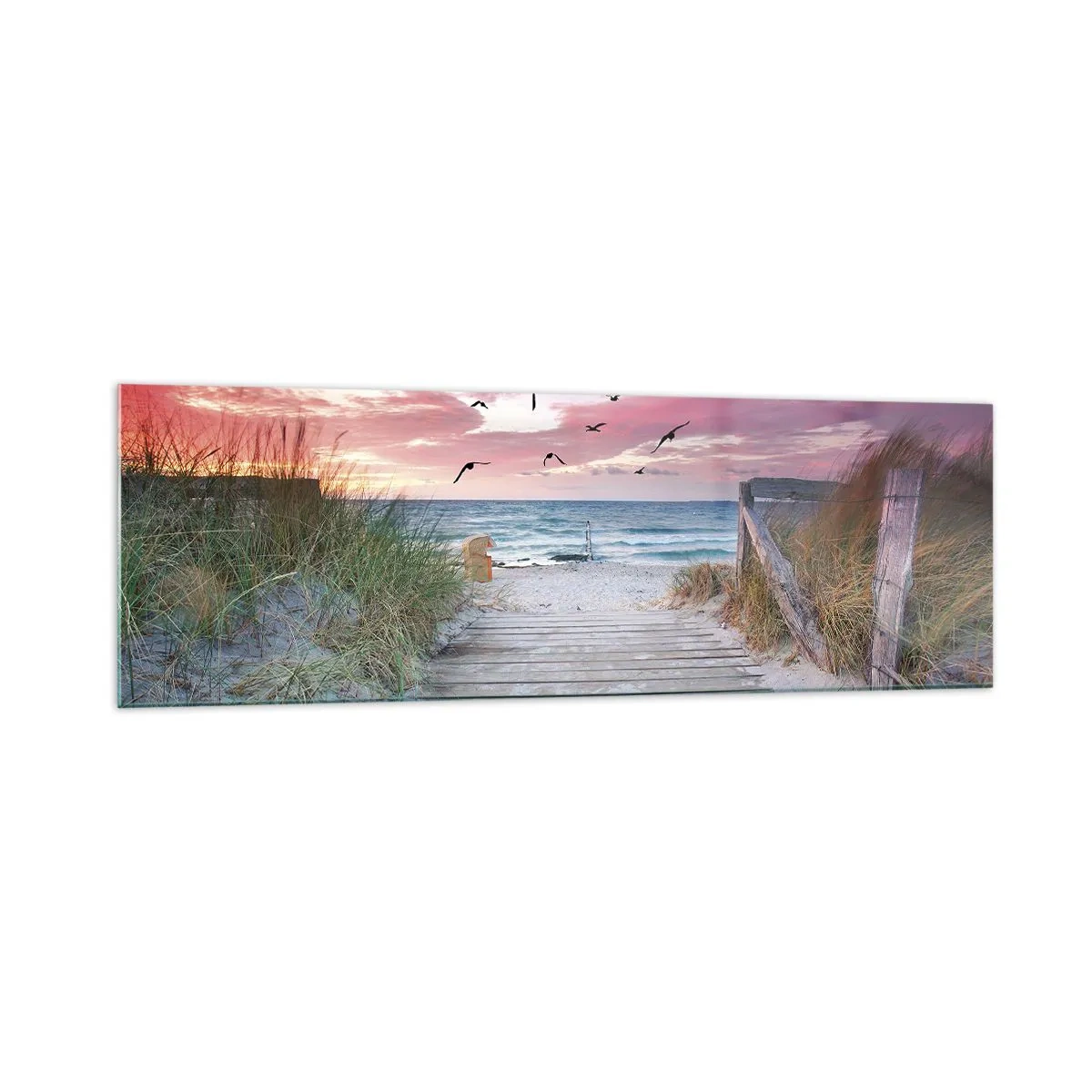 Impression sur verre - Image sur verre - Chemin en bois sur la plage au coucher du soleil rose - 160x50cm - Impression de la Baltique - Décoration murale moderne pour le salon et la chambre ARTTOR