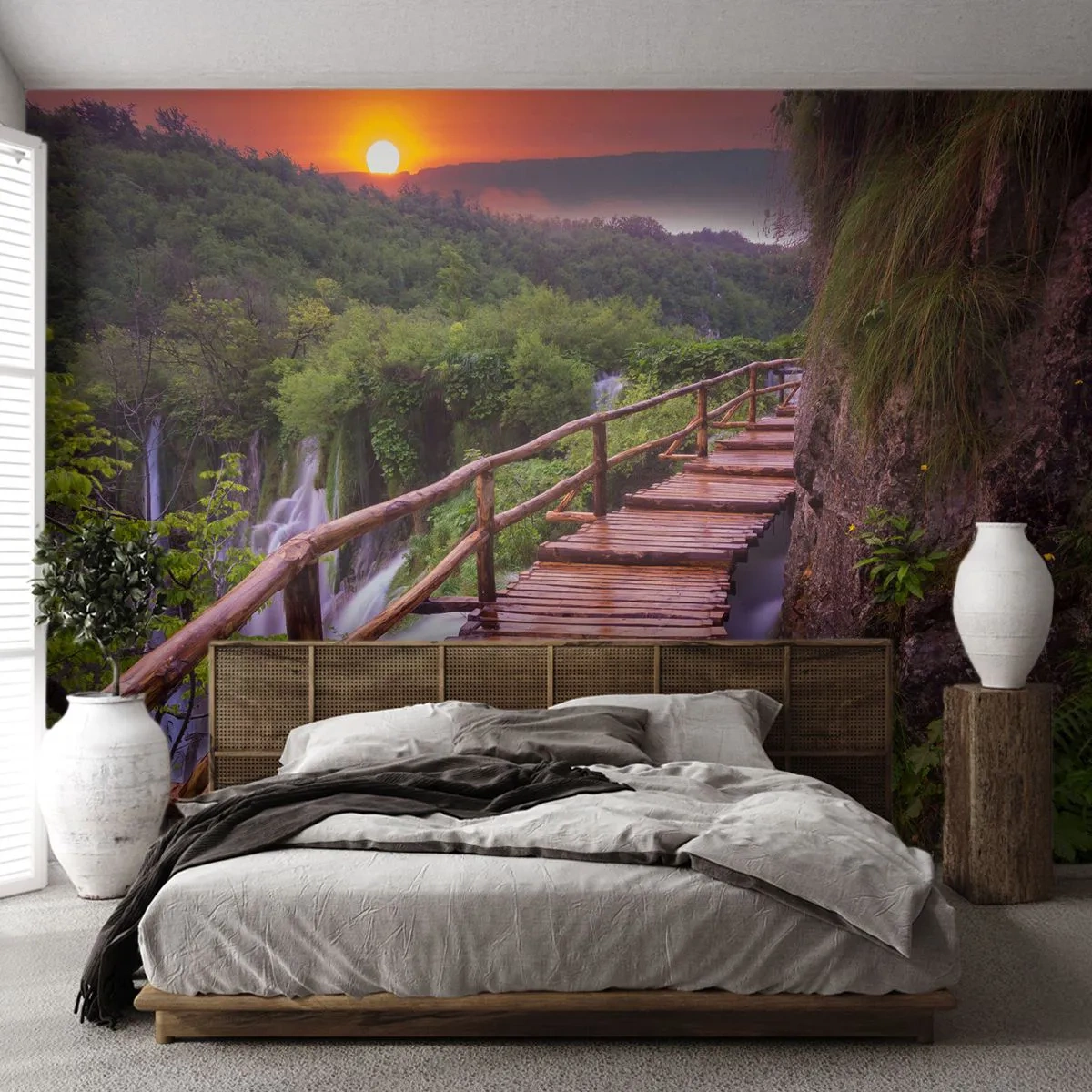Papier Peint Photo Premium Canvas - Un pont surplombant les cascades au coucher du soleil - 100x70cm - La beauté au-delà de la croyance - Décoration murale moderne pour le salon et la chambre ARTTOR