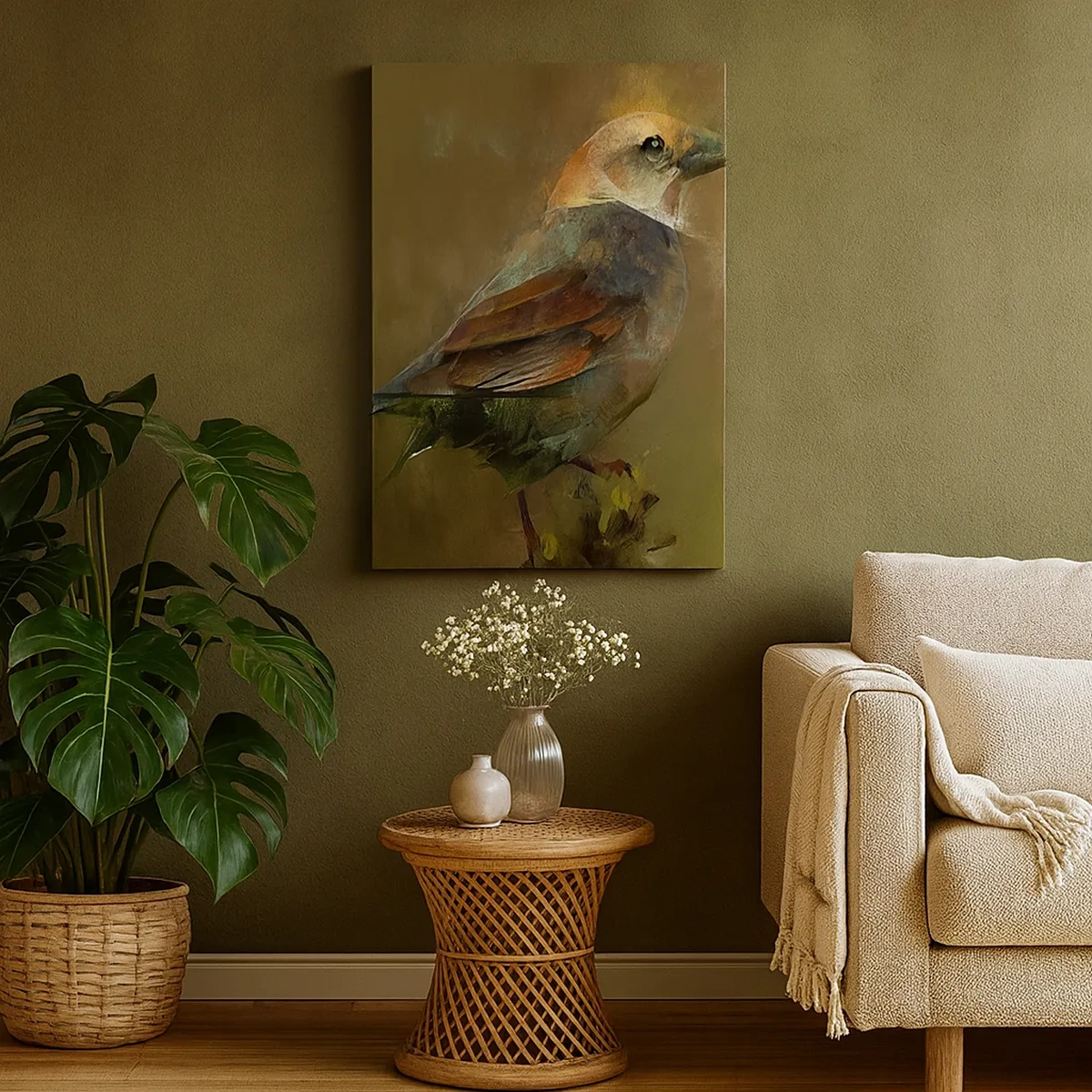 Impression sur toile - Image sur toile - Une interprétation artistique d'un moineau sur fond marron - 50x70cm - Un moineau, un petit oiseau - Décoration murale moderne pour le salon et la chambre ARTTOR
