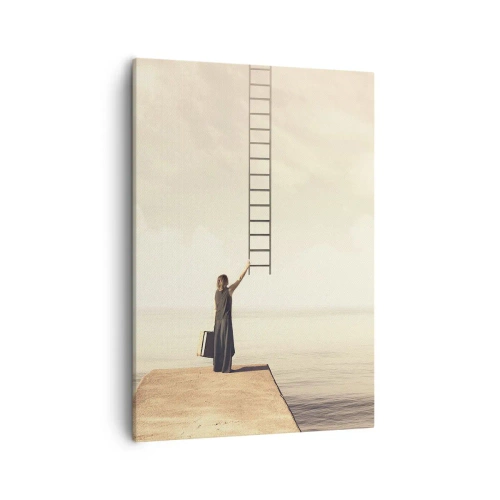Impression sur toile - Image sur toile - Une femme debout sur une jetée avec une échelle menant au ciel - 50x70cm - Voyage magique - Décoration murale moderne pour le salon et la chambre ARTTOR