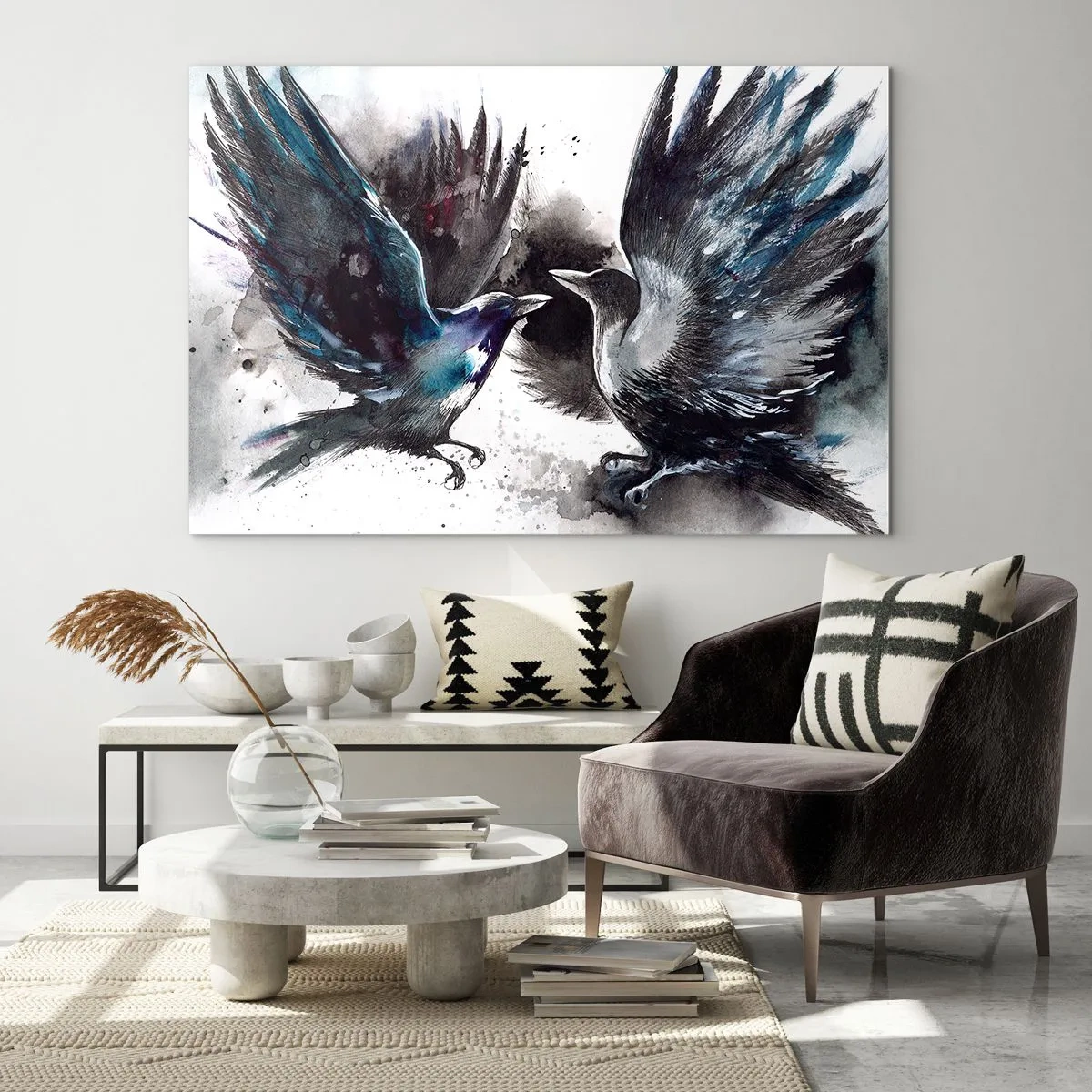 Impression sur verre - Image sur verre - Deux corbeaux dans une pose dynamique avec les ailes déployées - 70x50cm - Le corbeau des corbeaux - Décoration murale moderne pour le salon et la chambre ARTTOR
