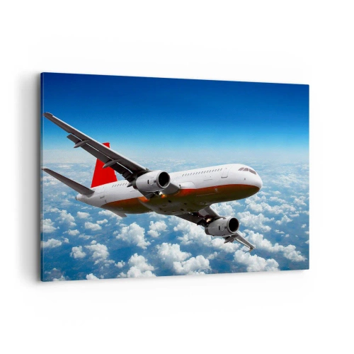 Impression sur toile - Image sur toile - Un avion de ligne volant au-dessus des nuages contre un ciel bleu. - 100x70cm - Éloignez-vous de tout - Décoration murale moderne pour le salon et la chambre ARTTOR