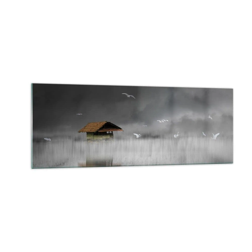 Impression sur verre - Image sur verre - Un chalet solitaire sur l'eau entouré de brouillard et d'oiseaux - 140x50cm - A l'abri de la pluie - Décoration murale moderne pour le salon et la chambre ARTTOR