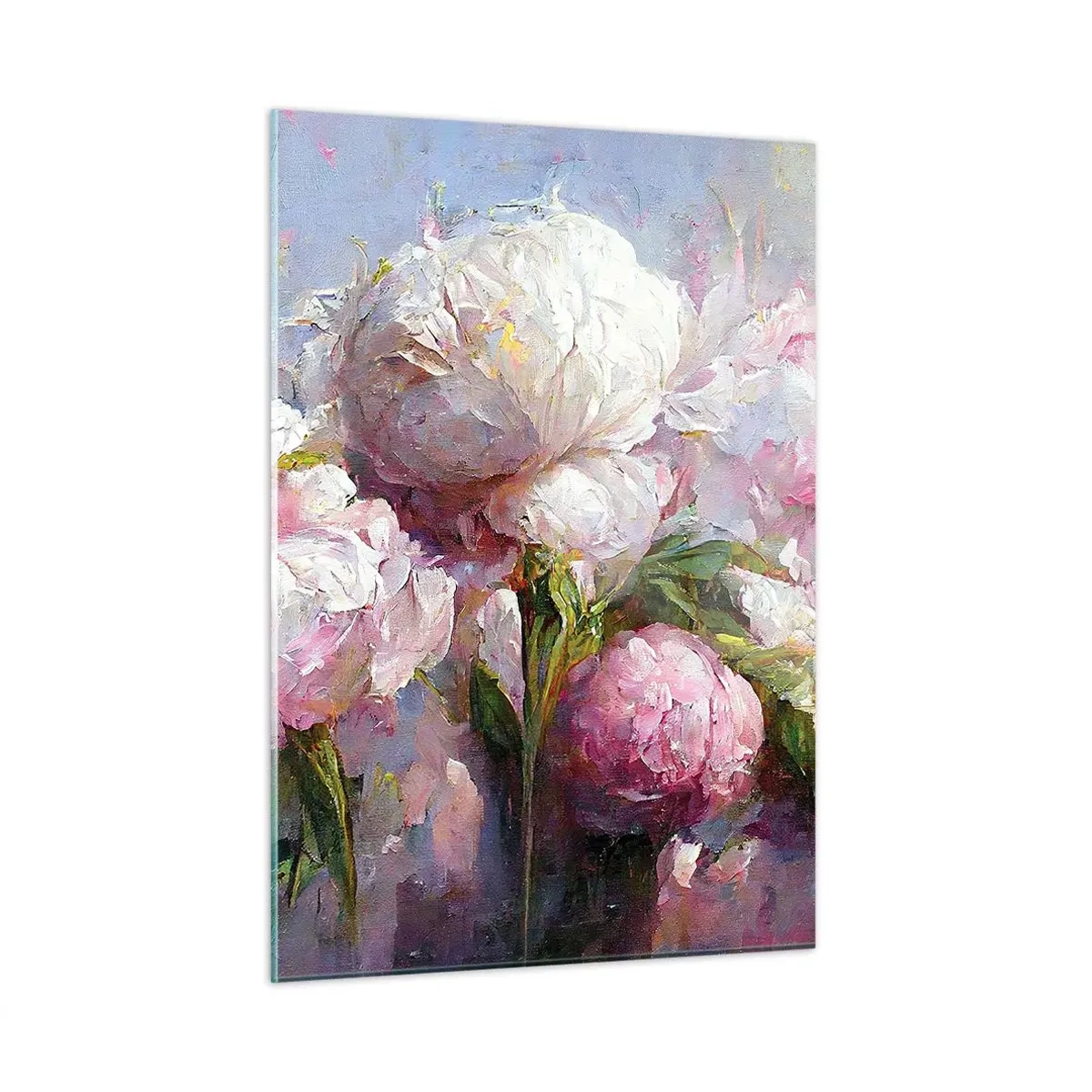 Impression sur verre - Image sur verre - Peinture à l'huile de pivoines blanches et roses en fleurs - 50x70cm - Un bouquet plein de vie - Décoration murale moderne pour le salon et la chambre ARTTOR