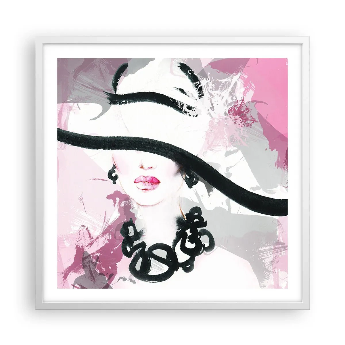 Affiche dans un cadre blanc - Poster - Portrait d'une dame en noir et rose - 60x60 cm