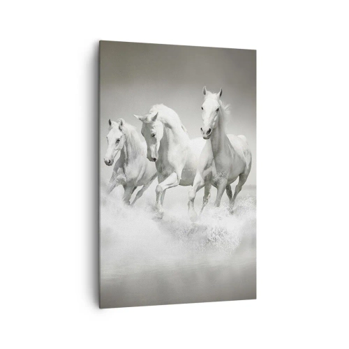 Impression sur toile - Image sur toile - Trois chevaux blancs galopant dans l'eau - 80x120cm - La folie blanche - Décoration murale moderne pour le salon et la chambre ARTTOR