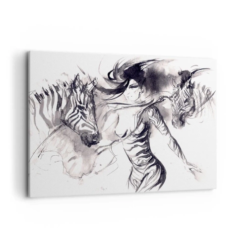Impression sur toile - Image sur toile - Une femme dans une danse dynamique avec des zèbres dans une esthétique noir et blanc - 100x70cm - Danse avec les zèbres - Décoration murale moderne pour le salon et la chambre ARTTOR
