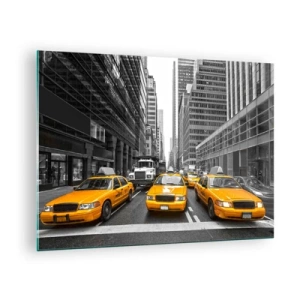 Impression sur verre - Image sur verre - Taxis jaunes dans les rues de New York - 70x50cm - C'est nous qui colorons la ville - Décoration murale moderne pour le salon et la chambre ARTTOR