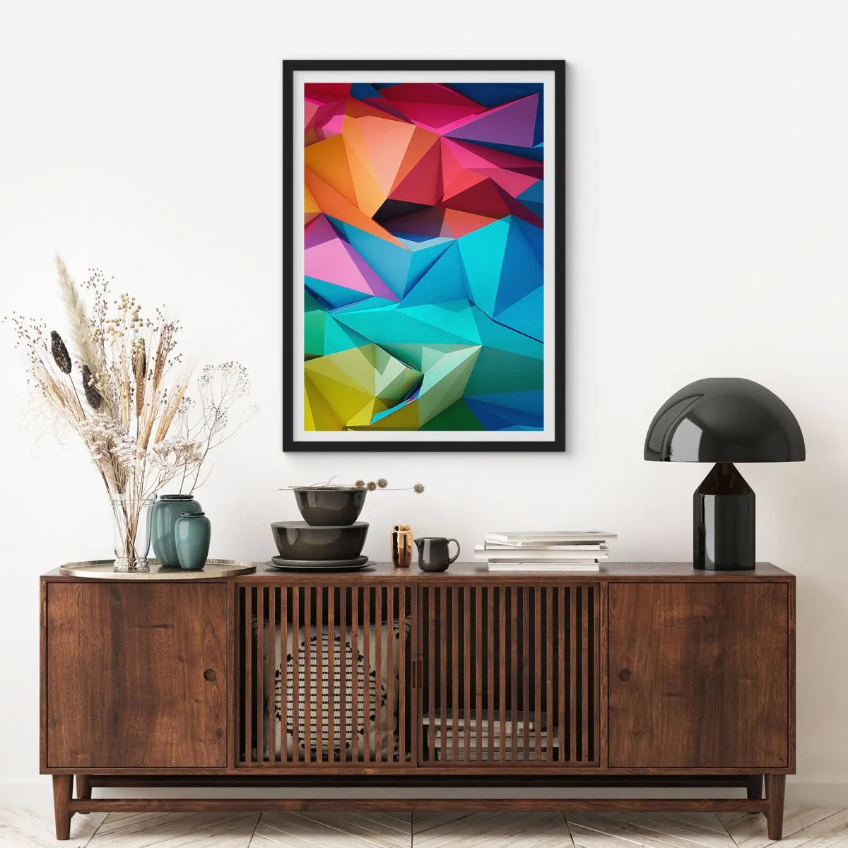 Affiche dans un cadre noir - Poster - Abstraction géométrique colorée avec des triangles - 50x70cm - Origami arc-en-ciel - Décoration murale moderne pour le salon et la chambre ARTTOR