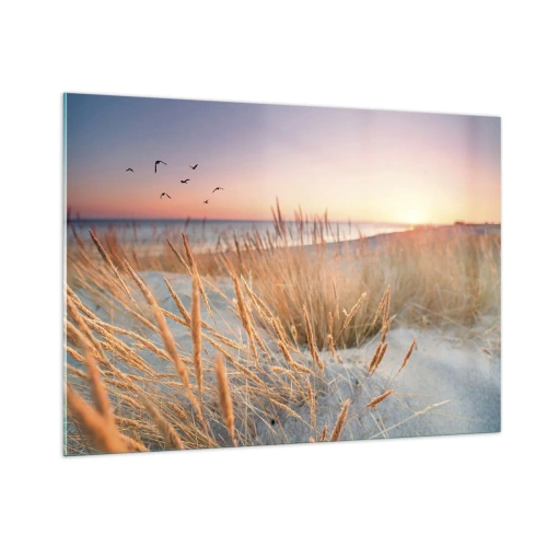 Impression sur verre - Image sur verre - Une plage avec de l'herbe et le soleil couchant sur la mer - 100x70cm - Berceuse baltique - Décoration murale moderne pour le salon et la chambre ARTTOR