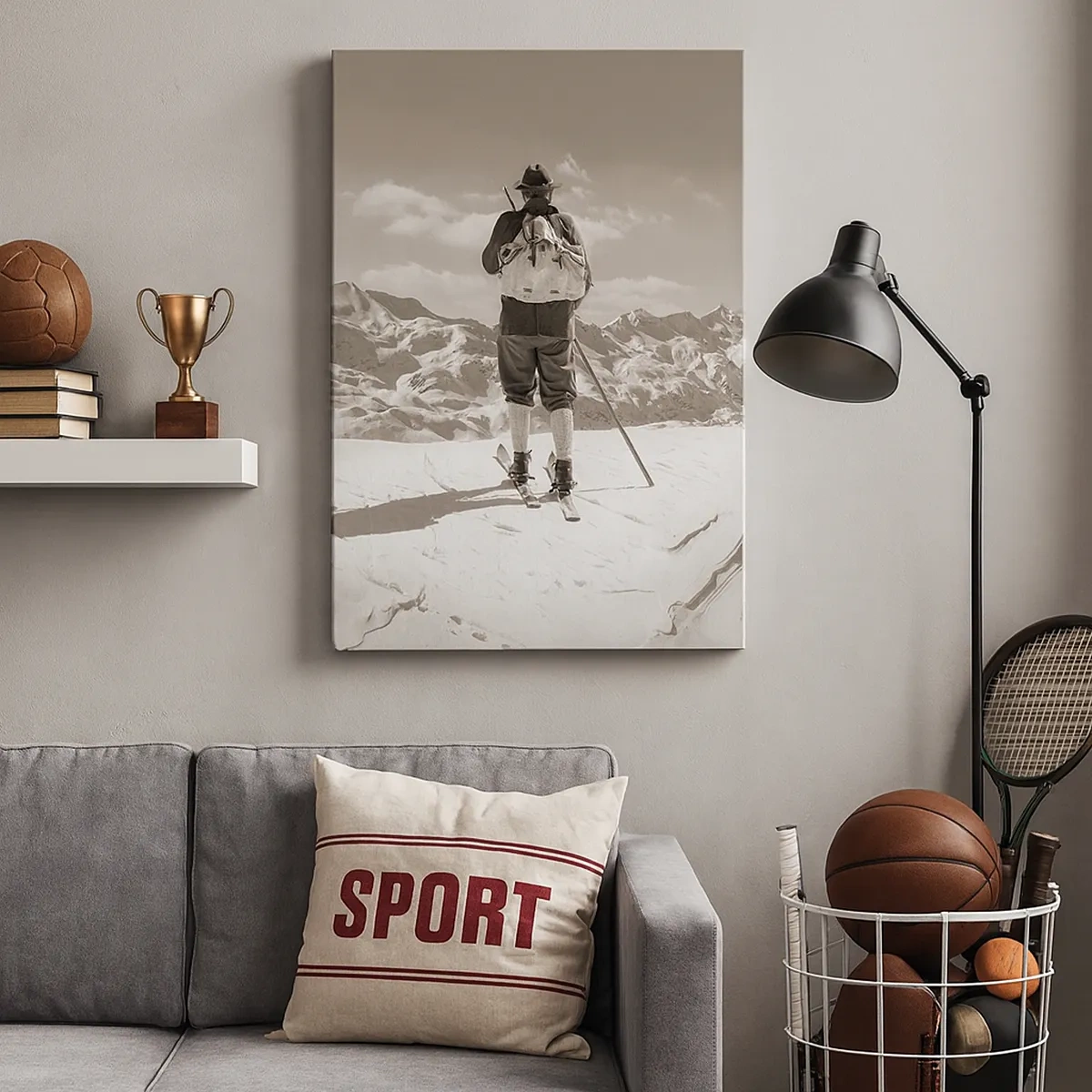 Impression sur toile - Image sur toile - Un skieur au sommet d'une montagne en noir et blanc - 50x70cm - Toutes les mêmes ces montagnes - Décoration murale moderne pour le salon et la chambre ARTTOR