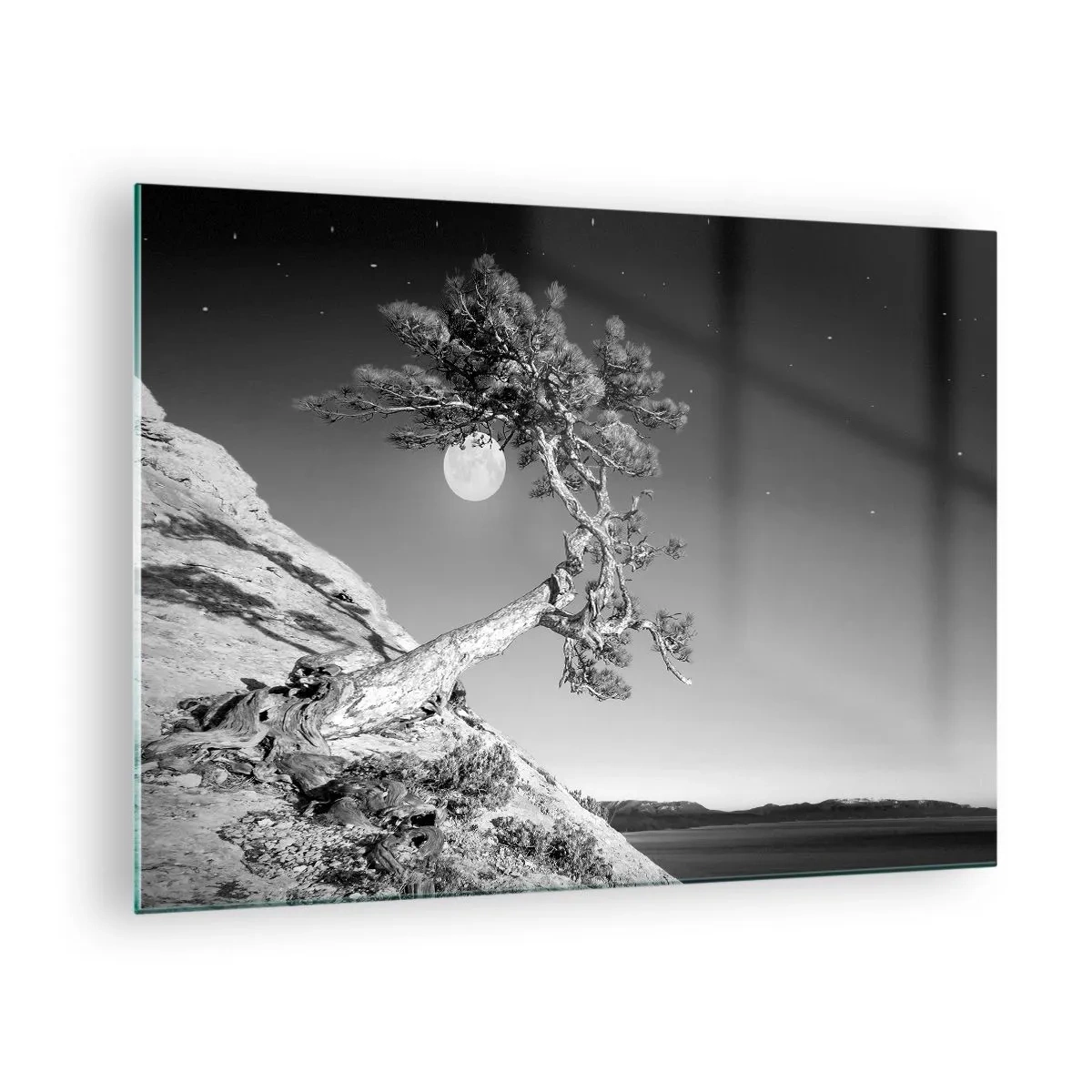 Impression sur verre - Image sur verre - Un arbre penché sur une colline avec la lune en arrière-plan - 70x50cm - Un combattant vainqueur - Décoration murale moderne pour le salon et la chambre ARTTOR