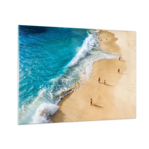 Impression sur verre - Image sur verre - Une plage dorée avec de l'eau turquoise et des gens marchant le long du rivage - 70x50cm - Et ensuite le soleil, la plage… - Décoration murale moderne pour le salon et la chambre ARTTOR