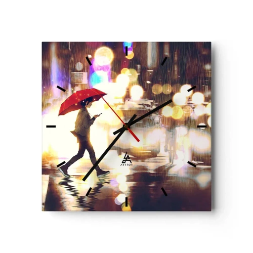 Horloge murale - Pendule murale - Une silhouette avec un parapluie rouge dans la rue sous la pluie - 30x30cm - Et pourtant ensoleillé - Décoration murale moderne pour le salon et la chambre ARTTOR
