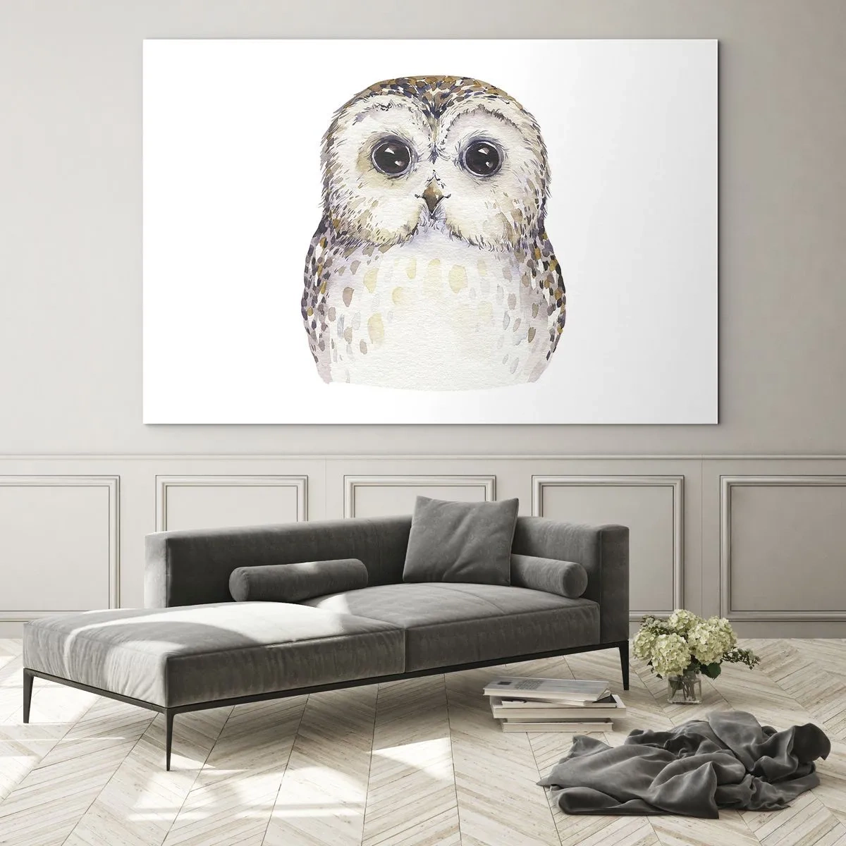 Impression sur verre - Image sur verre - Adorable hibou sur fond blanc dans un style aquarelle - 120x80cm - Regarde-moi dans les yeux - Décoration murale moderne pour le salon et la chambre ARTTOR