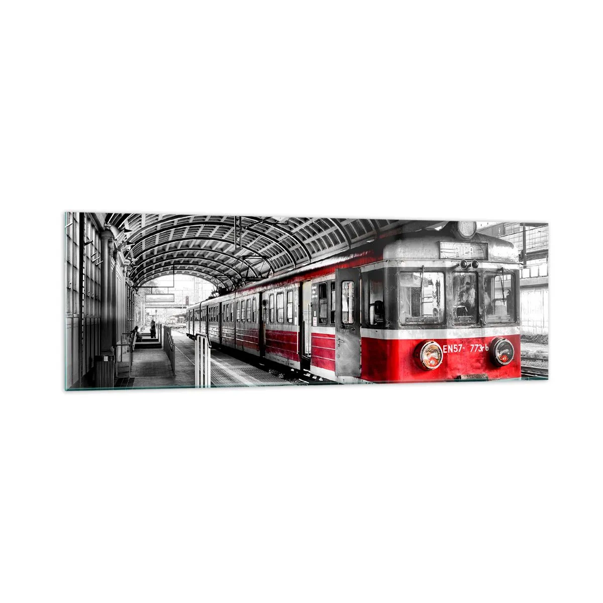 Impression sur verre - Image sur verre - Train rouge à la gare sous un toit - 160x50cm - C'est peut-être le voyage de votre vie ? - Décoration murale moderne pour le salon et la chambre ARTTOR