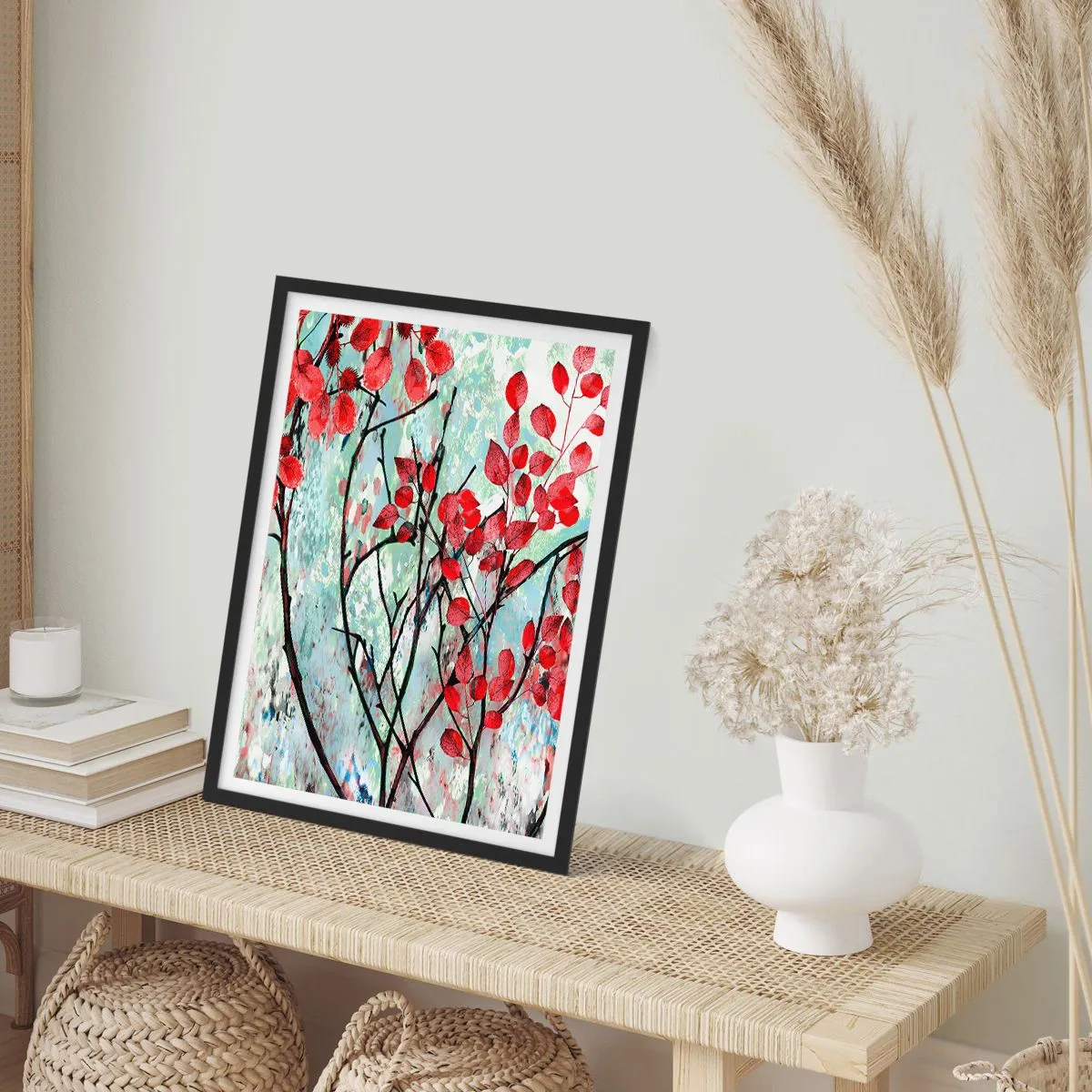 Affiche dans un cadre noir - Poster - Feuilles rouges sur un fond texturé abstrait - 50x70cm - Arbre en écarlate - Décoration murale moderne pour le salon et la chambre ARTTOR