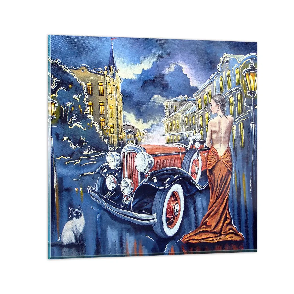 Impression sur verre - Image sur verre - Nocturne en bleu et corail - 50x50 cm