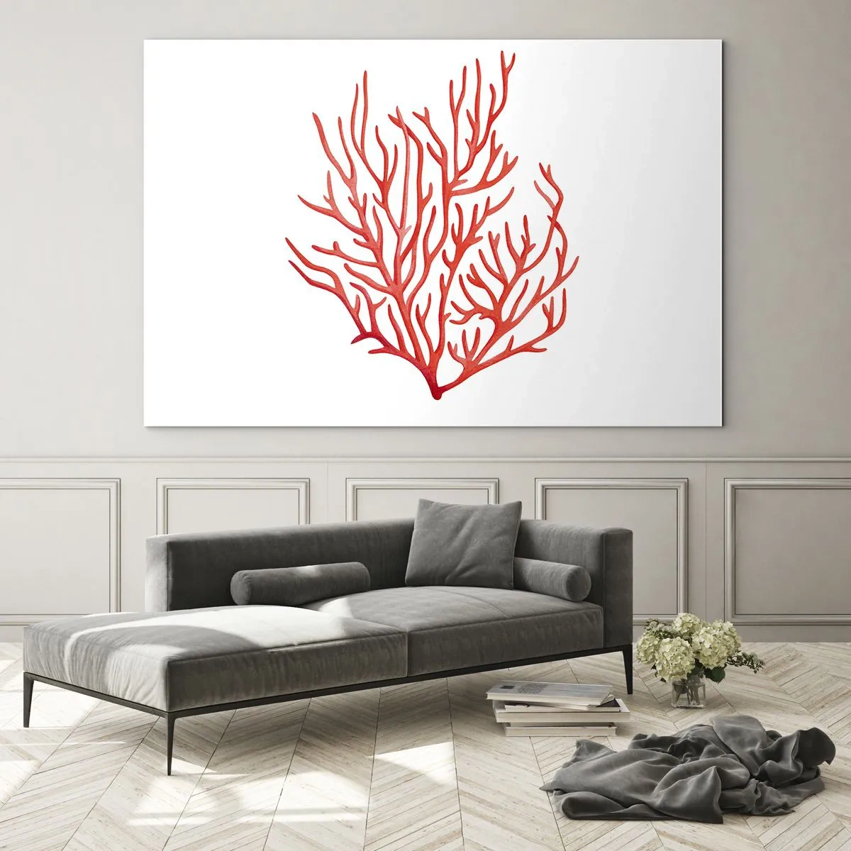 Impression sur verre - Image sur verre - Corail rouge avec une structure en filigrane sur fond blanc - 120x80cm - Filigrane de corail - Décoration murale moderne pour le salon et la chambre ARTTOR