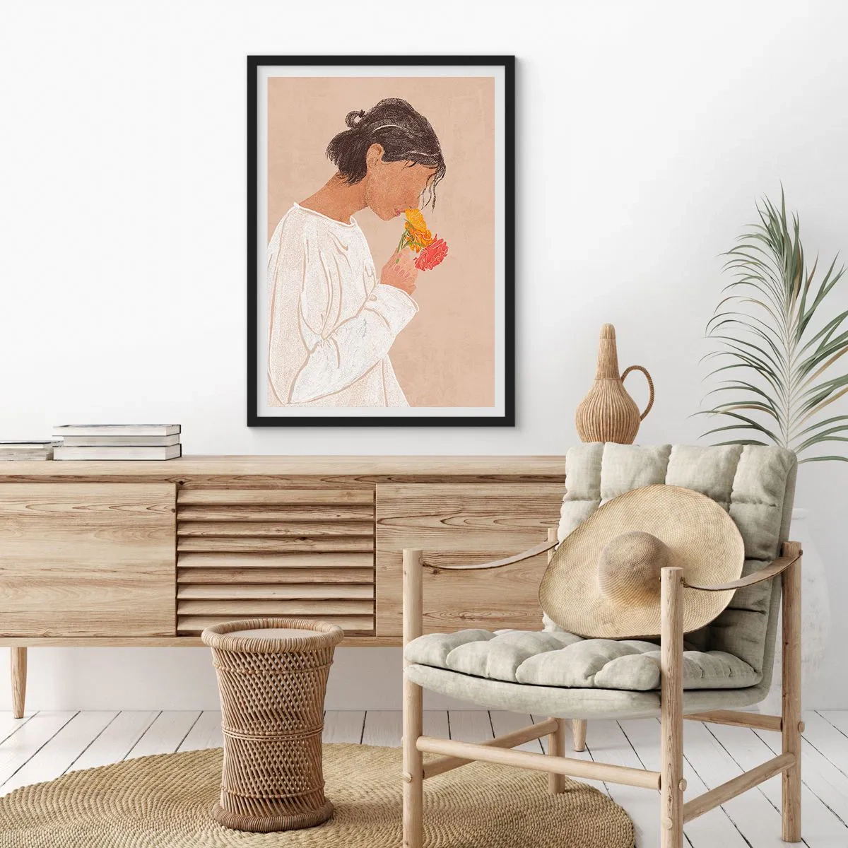 Affiche dans un cadre noir - Poster - Fille et fleurs - 70x100 cm