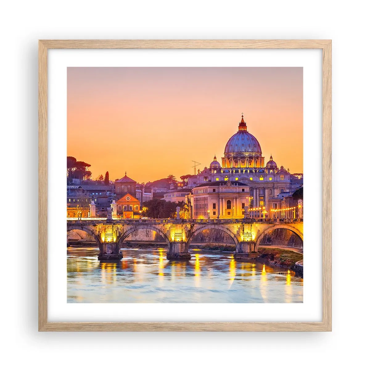 Affiche dans un chêne clair - Poster - Coucher de soleil sur la ville éternelle - 50x50 cm