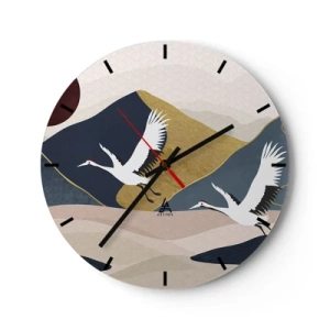Horloge murale - Pendule murale - Grues en vol sur fond de montagnes abstraites et de soleil - 30x30cm - Encore une fois, la journée s'est ÉCOULÉE - Décoration murale moderne pour le salon, la cuisine et la chambre ARTTOR