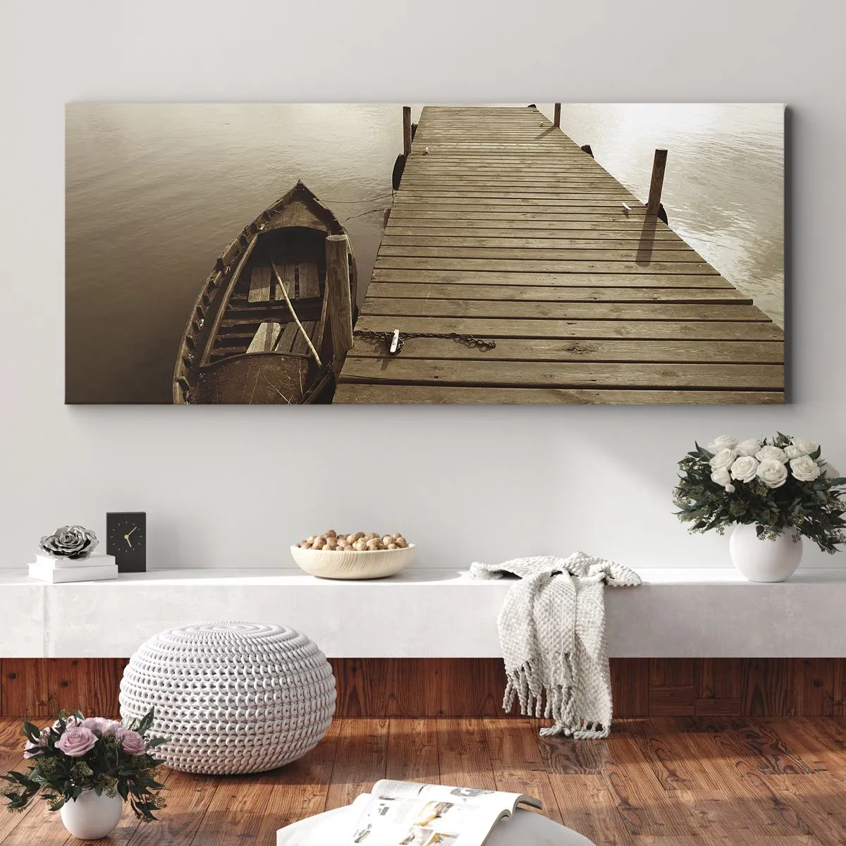 Impression sur toile - Image sur toile - Jetée en bois et bateau sur un lac calme - 140x50cm - Le grand silence - Décoration murale moderne pour le salon et la chambre ARTTOR