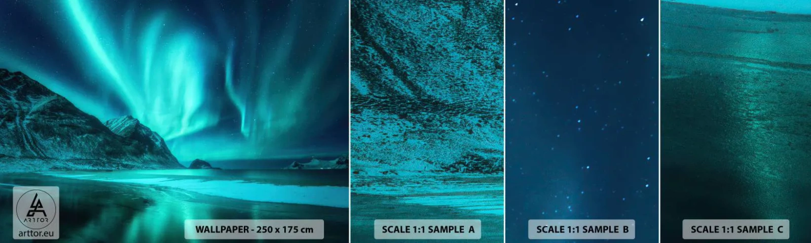 Échantillon de Papier Peint Autocollant Deluxe Sticker - Merveilles du Nord - Paysage, pôle Nord, Aurores boréales - 100x30 cm