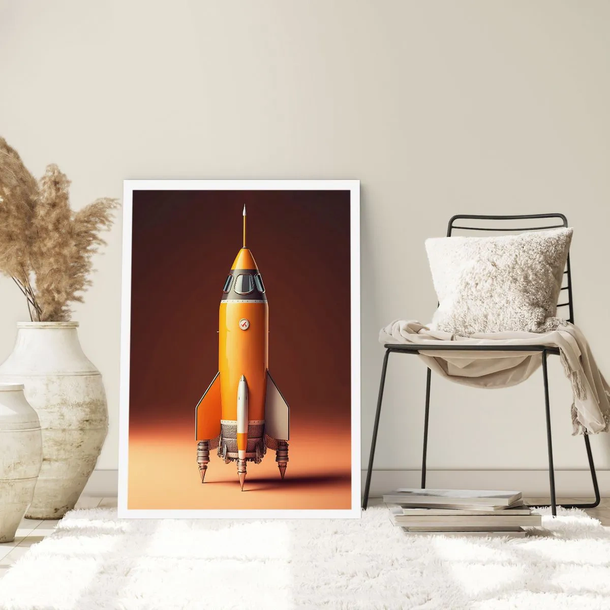 Affiche - Poster - Une fusée spatiale moderne sur un fond de couleurs chaudes. - 50x70cm - Ça commence par un rêve - Décoration murale moderne pour le salon et la chambre ARTTOR