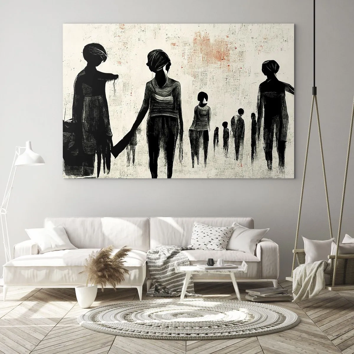 Impression sur verre - Image sur verre - Figures noires en mouvement sur un fond clair avec une texture rouge - 70x50cm - Contre la solitude - Décoration murale moderne pour le salon et la chambre ARTTOR