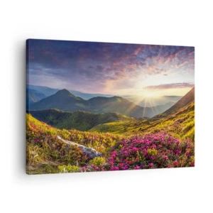 Impression sur toile - Image sur toile - Paysage de montagne avec des rhododendrons en fleurs - 70x50cm - Fraîcheur matinale en montagne - Décoration murale moderne pour le salon et la chambre ARTTOR