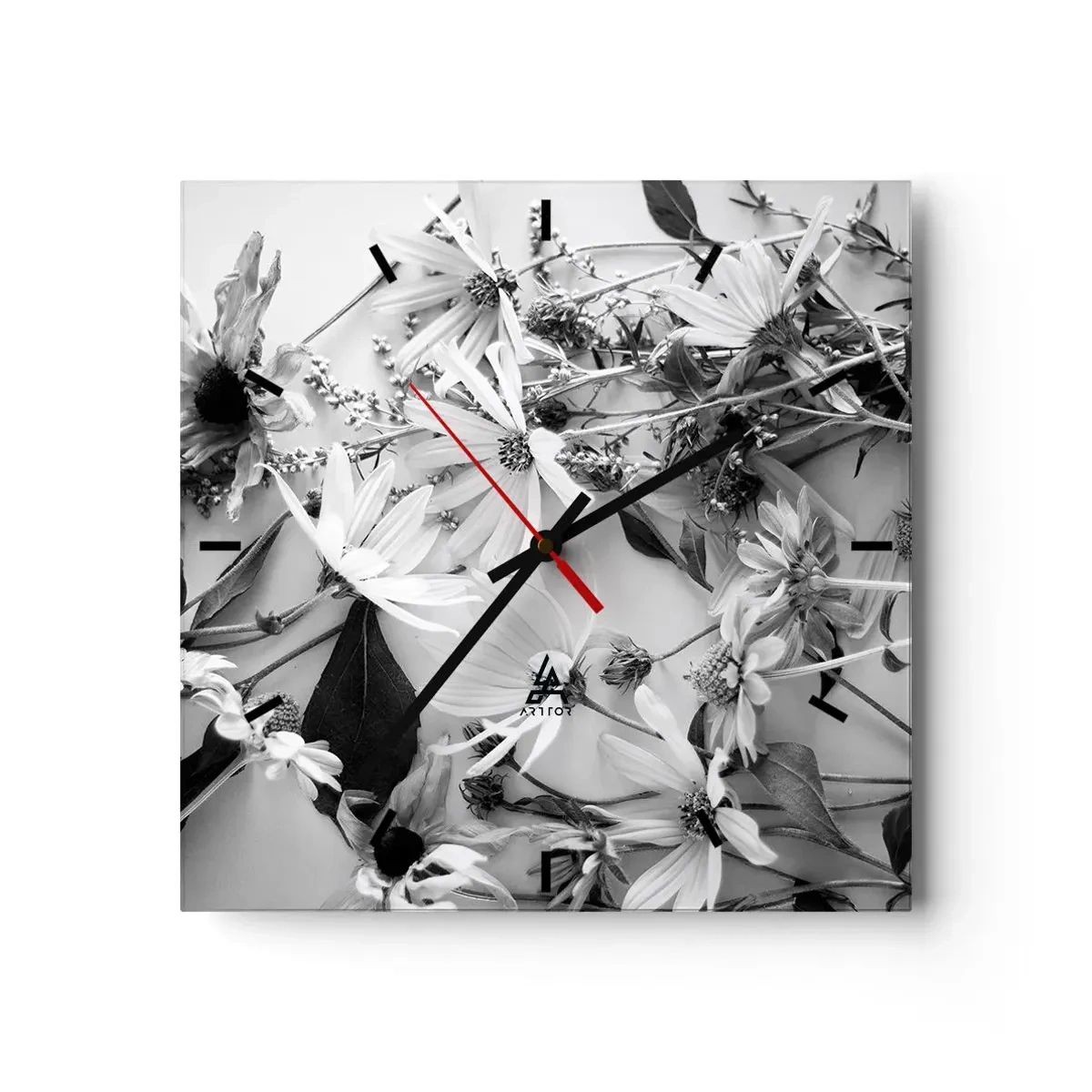 Horloge murale - Pendule murale - Compositions florales en noir et blanc dans un style artistique subtil - 30x30cm - Non-un bouquet de fleurs - Décoration murale moderne pour le salon et la chambre ARTTOR