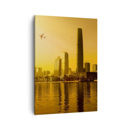Impression sur toile - Image sur toile - Panorama de la ville au coucher du soleil avec des gratte-ciels et un avion - 50x70cm - La ville en or - Décoration murale moderne pour le salon et la chambre ARTTOR
