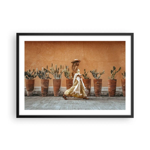 Affiche dans un cadre noir - Poster - Une femme dans un style bohème avec des pots de cactus en arrière-plan. - 70x50cm - Style hippie - Décoration murale moderne pour le salon et la chambre ARTTOR