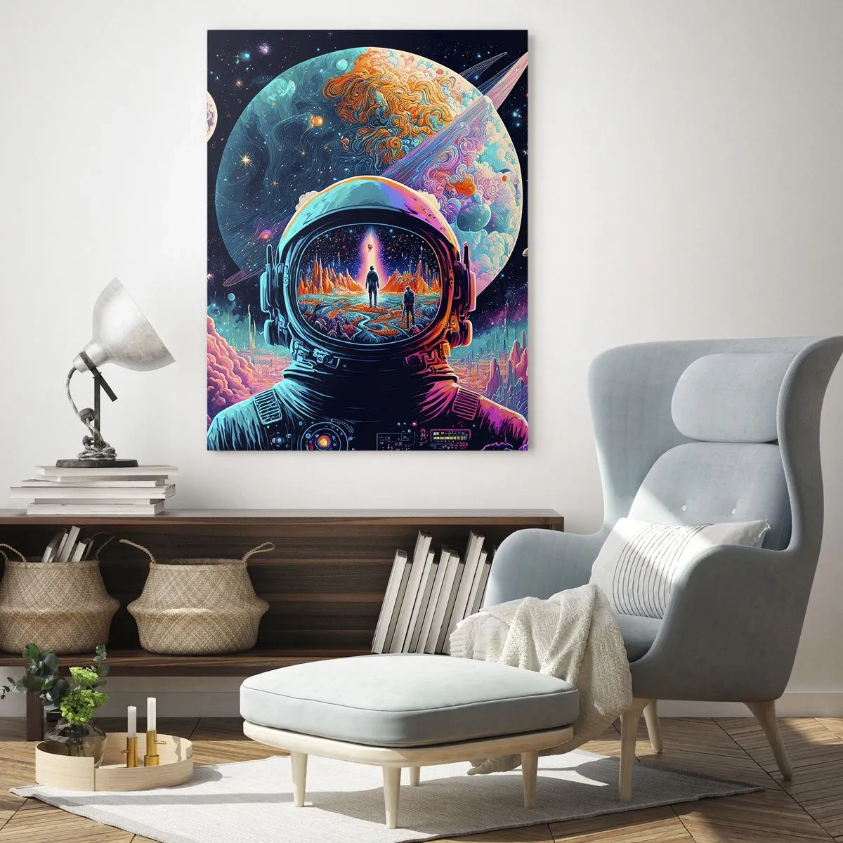 Impression sur verre - Image sur verre - Astronaute dans l'espace avec un paysage planétaire coloré - 80x120cm - Les philosophes n'en ont pas rêvé - Décoration murale moderne pour le salon et la chambre ARTTOR