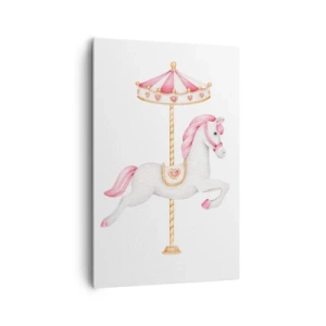 Impression sur toile - Image sur toile - Un cheval de carrousel aux tons pastel de rose - 80x120cm - Les sabots en avant - Décoration murale moderne pour le salon et la chambre ARTTOR