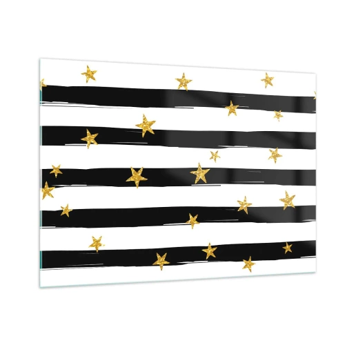 Impression sur verre - Image sur verre - Rayures noires et blanches avec étoiles dorées - 100x70cm - Nous sommes tous nés sous une bonne étoile - Décoration murale moderne pour le salon et la chambre ARTTOR