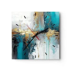 Horloge murale - Pendule murale - Une composition abstraite aux accents turquoise et dorés. - 30x30cm - Tout coule - Décoration murale moderne pour le salon et la chambre ARTTOR