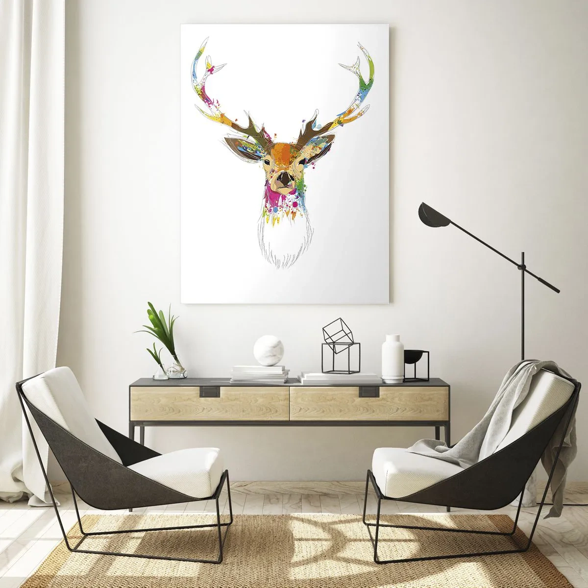 Impression sur verre - Image sur verre - Tête de cerf colorée dans un style artistique - 80x120cm - Un cerf doux baigné de couleur - Décoration murale moderne pour le salon et la chambre ARTTOR
