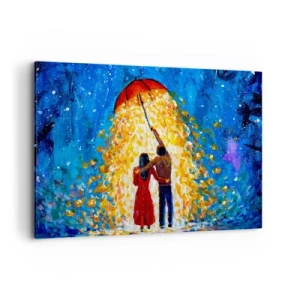 Impression sur toile - Image sur toile - Un couple sous un parapluie rouge sous la pluie lumineuse - 100x70cm - La magie d'une soirée pluvieuse ? - Décoration murale moderne pour le salon et la chambre ARTTOR
