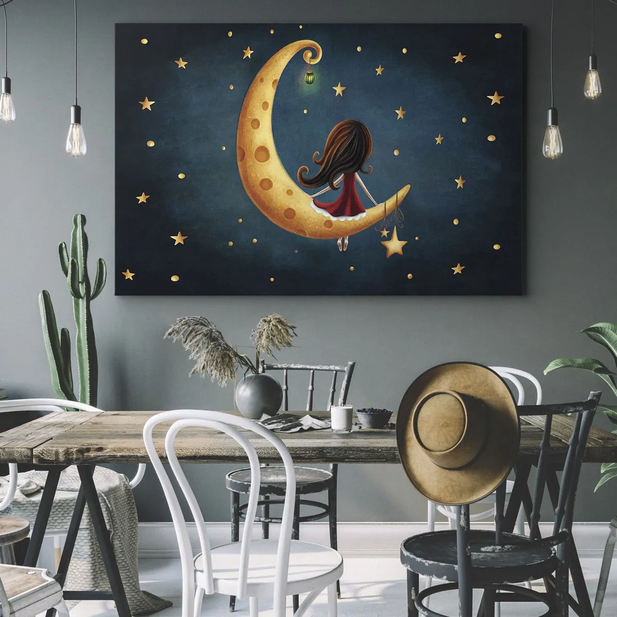 Impression sur toile - Image sur toile - Une fille sur la lune entourée d'étoiles - 100x70cm - Il était une fois... - Décoration murale moderne pour le salon et la chambre ARTTOR