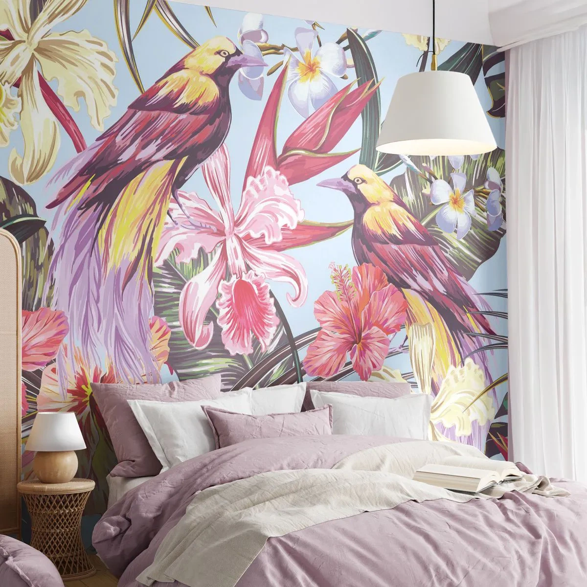 Papier Peint Photo Standard Eco - Pétales et plumes - Oiseau, Fleurs, Jardin - 300x210 cm