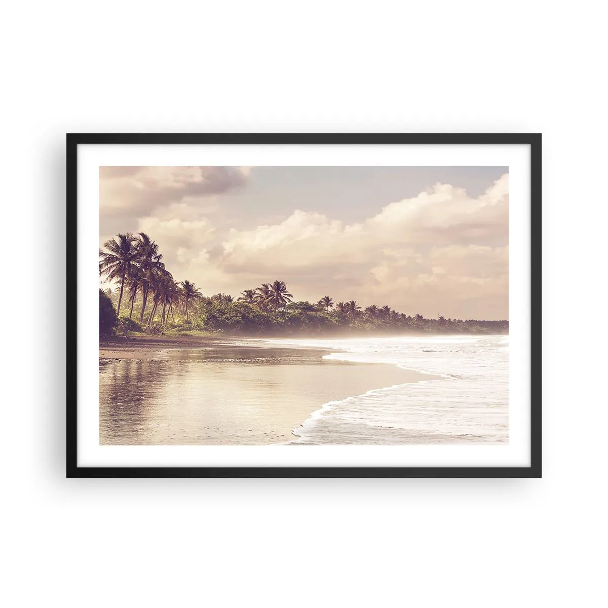 Affiche dans un cadre noir - Poster - Une plage avec des palmiers et des vagues douces le matin - 70x50cm - La caresse des vagues - Décoration murale moderne pour le salon et la chambre ARTTOR