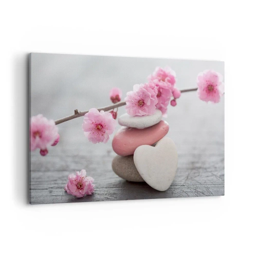 Impression sur toile - Image sur toile - Fleurs de cerisier délicates avec des pierres en forme de cœur - 100x70cm - Le bonheur avec une fleur de cerisier - Décoration murale moderne pour le salon et la chambre ARTTOR