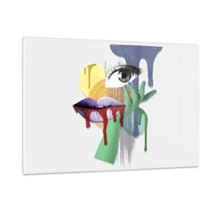 Impression sur verre - Image sur verre - Composition abstraite avec œil, bouche et couleurs - 120x80cm - Un portrait déconstruit - Décoration murale moderne pour le salon et la chambre ARTTOR