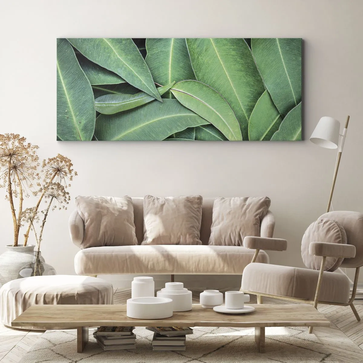 Impression sur toile - Image sur toile - Gros plan de feuilles vertes créant un motif naturel - 120x50cm - Juteux et frais - Décoration murale moderne pour le salon et la chambre ARTTOR