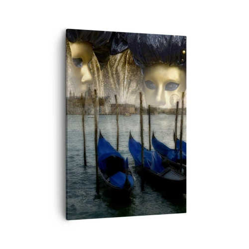 Impression sur toile - Image sur toile - Masques de carnaval vénitien et gondoles sur fond de ville et d'eau - 50x70cm - Il est temps de commencer le carnaval - Décoration murale moderne pour le salon et la chambre ARTTOR
