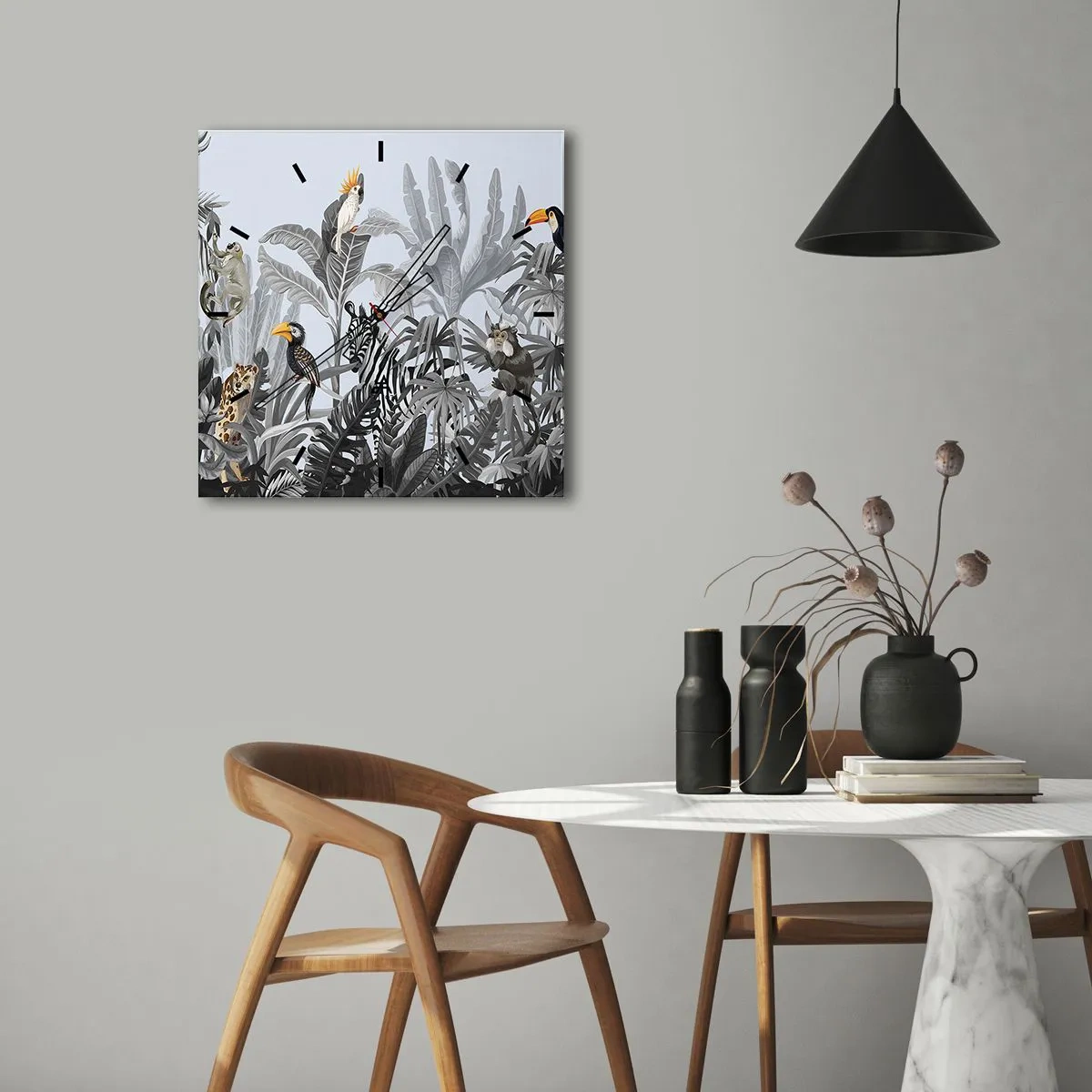 Horloge murale - Pendule murale - Jungle tropicale avec des animaux exotiques sur fond gris - 30x30cm - Conte de fées africain - Décoration murale moderne pour le salon et la chambre ARTTOR
