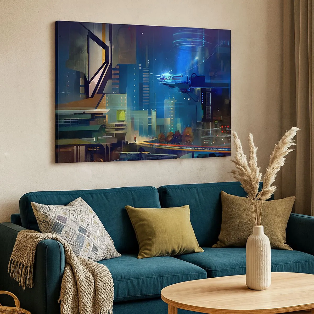 Impression sur toile - Image sur toile - Ville futuriste la nuit avec des néons et un véhicule volant - 70x50cm - Dans le futur proche - Décoration murale moderne pour le salon et la chambre ARTTOR