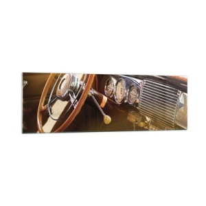 Impression sur verre - Image sur verre - Gros plan de l'intérieur d'une voiture classique avec des détails en bois et en chrome. - 160x50cm - Souffle de luxe venu du passé - Décoration murale moderne pour le salon et la chambre ARTTOR